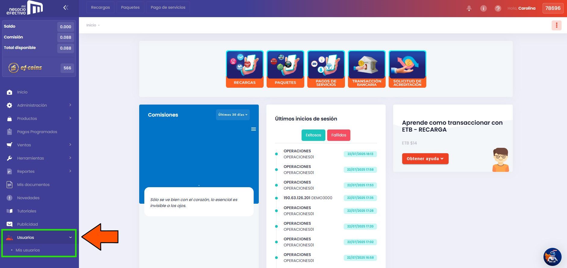 Usuarios en Plataforma Web