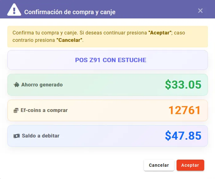 Confirmación para Comprar ef-coins