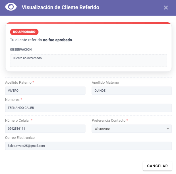 Estado rechazado-programa de referidos