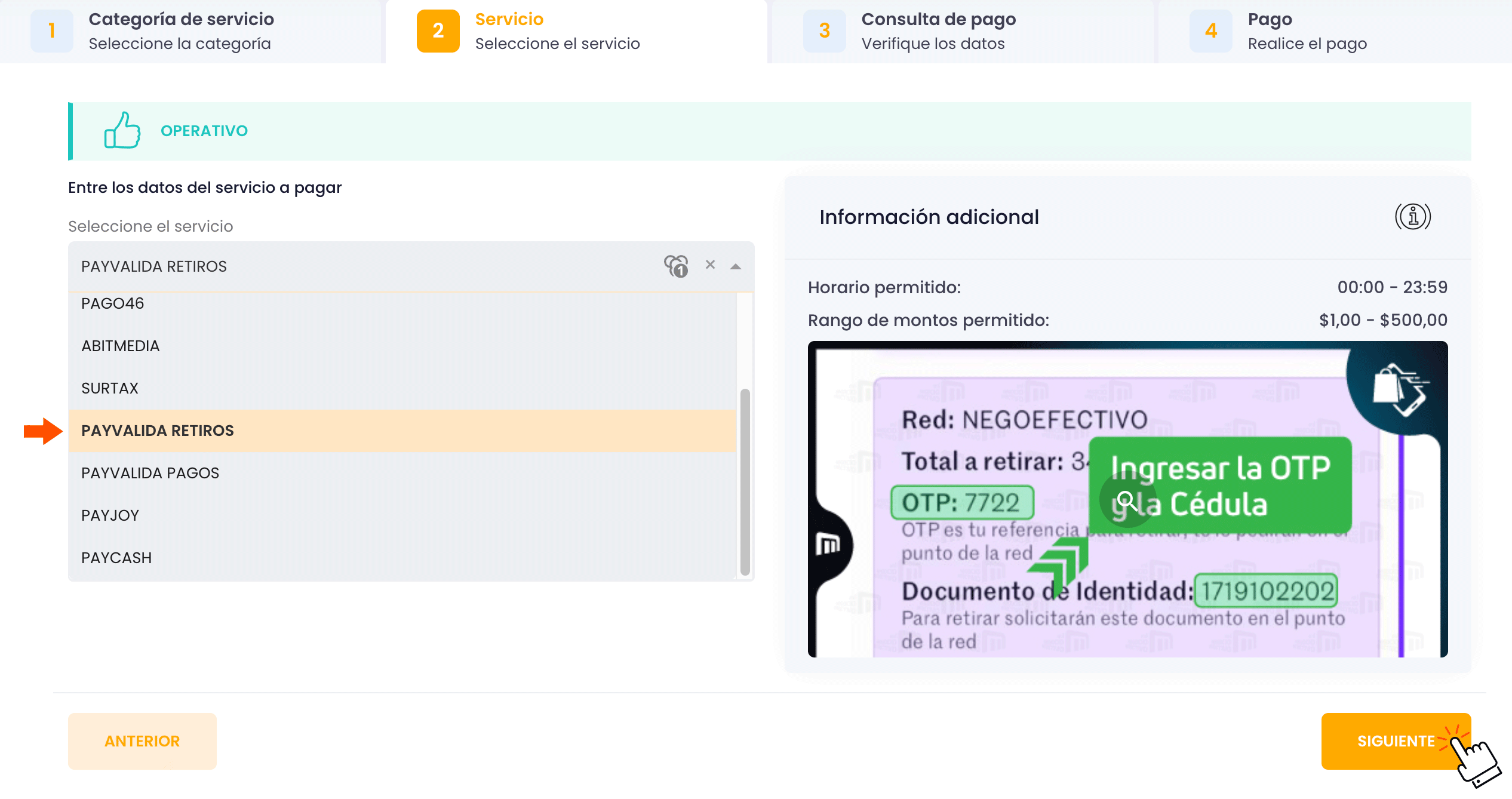 Selecciona PAYVALIDA Retiros