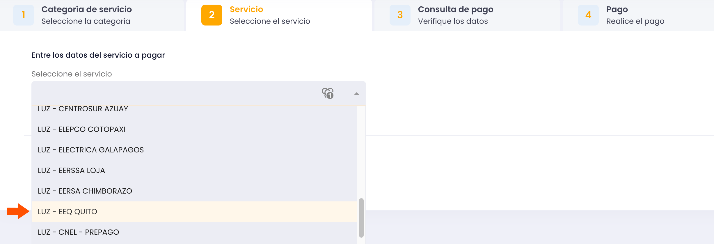 Selección servicio - Planilla de Luz Quito