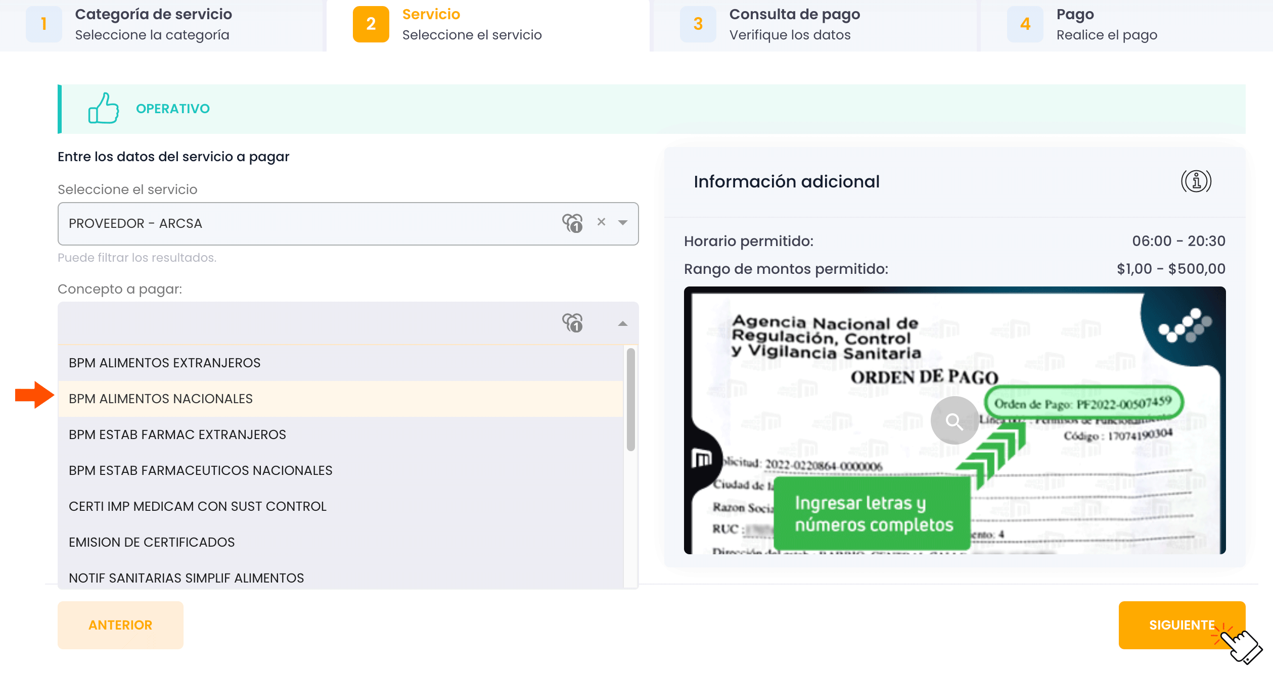 Escoge la opción a pagar
