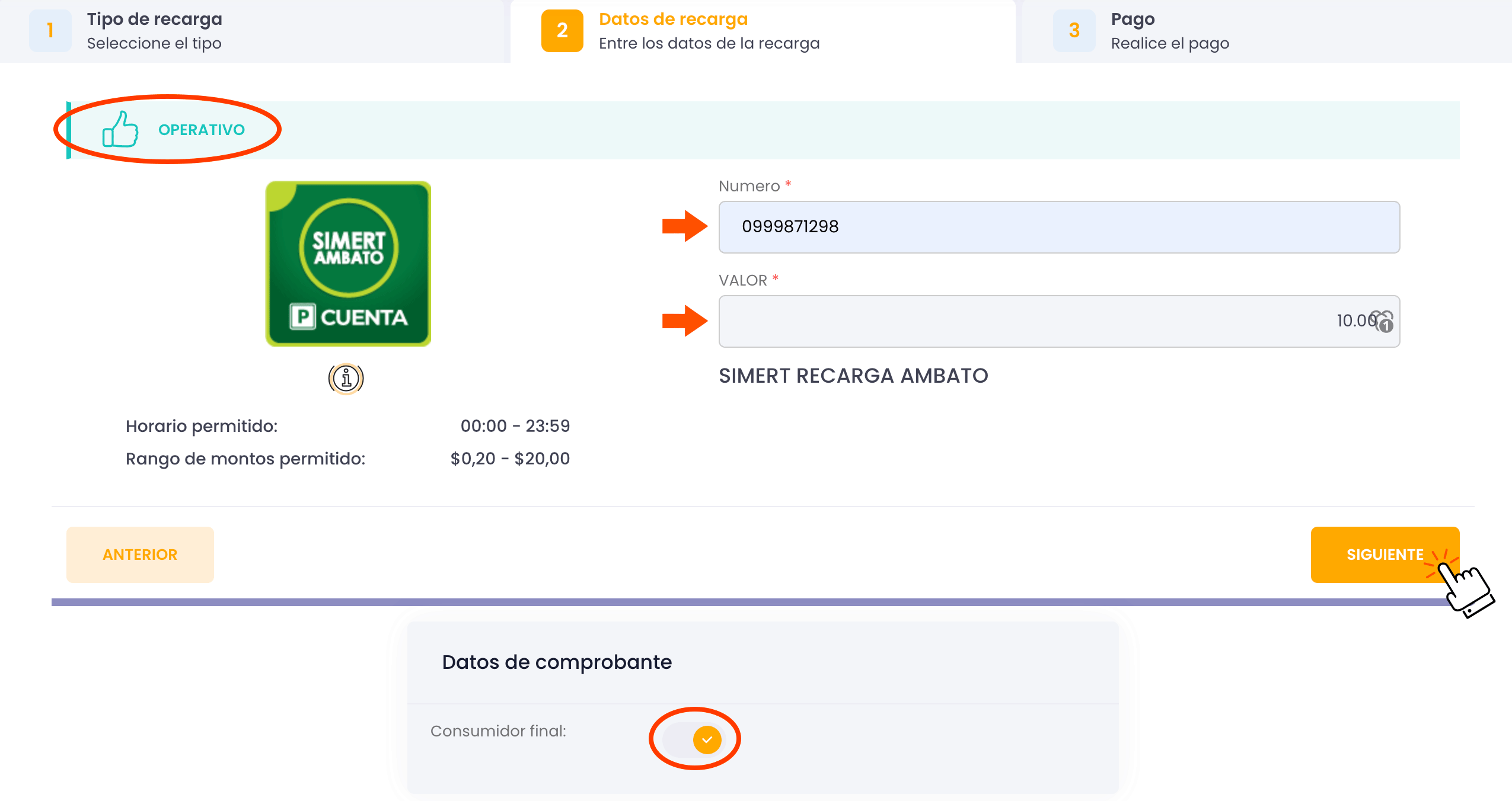 Completa los datos recarga - SIMERT Ambato