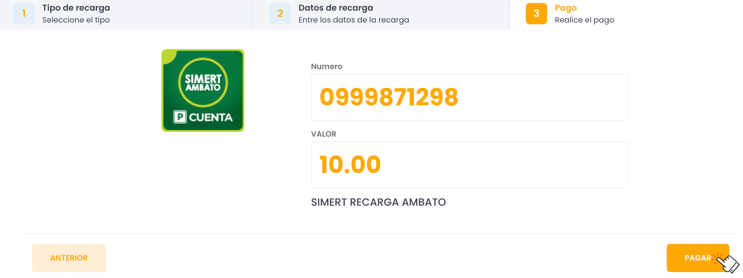Clic en pagar recarga SIMERT Ambato