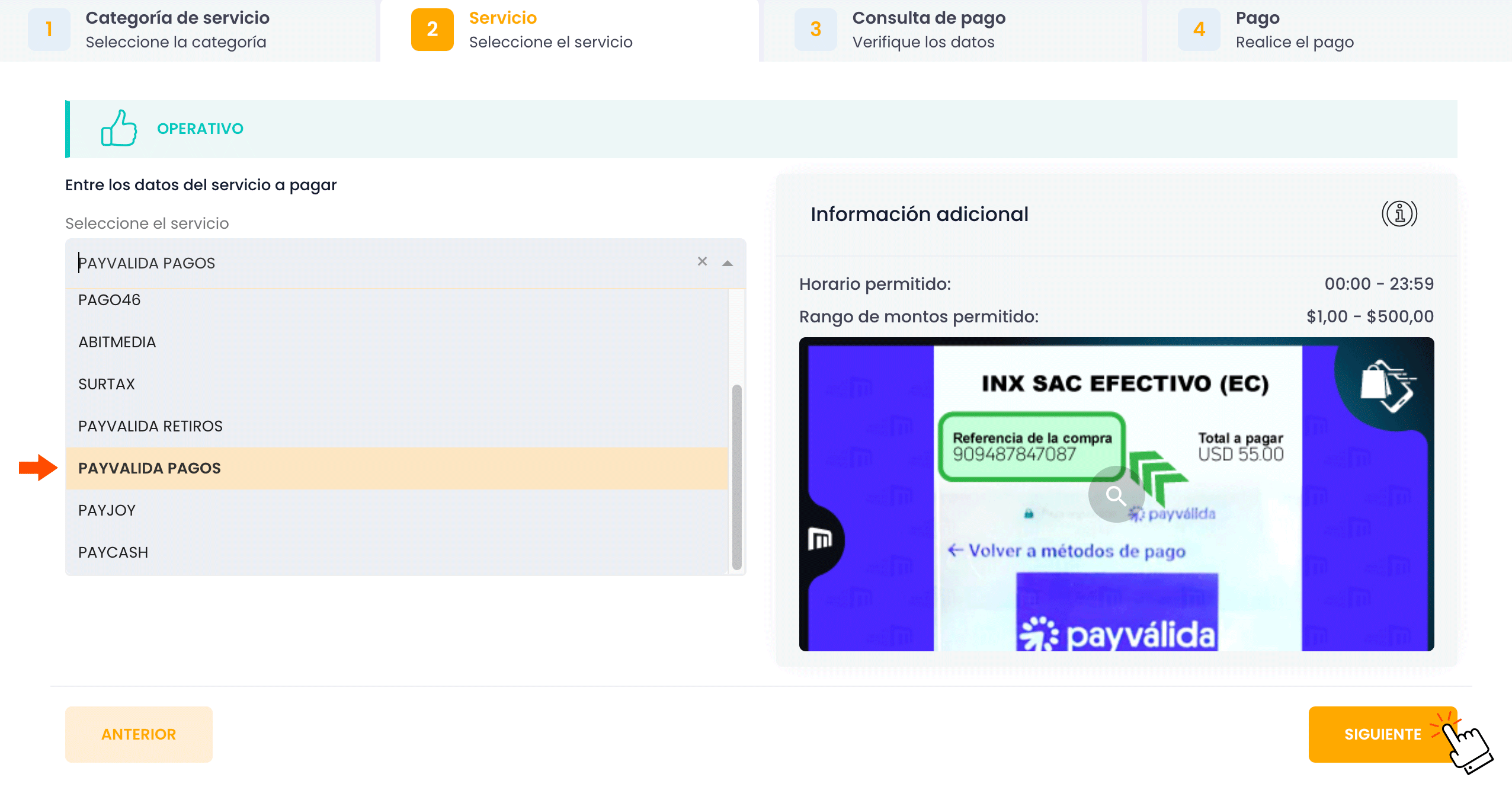Selecciona PAYVALIDA Pagos