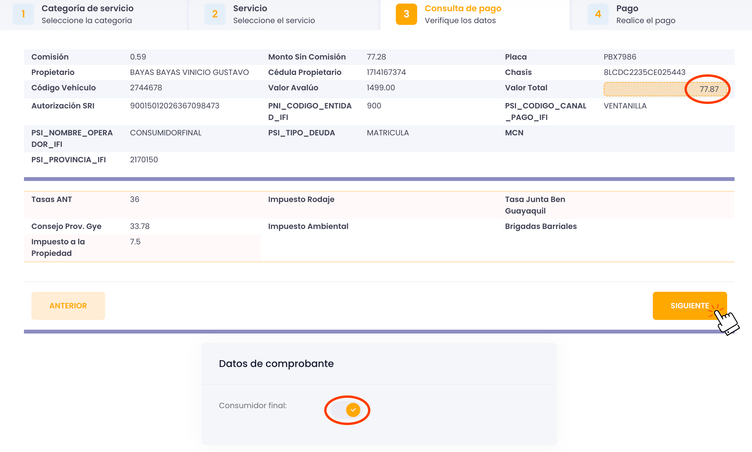 Verifica los datos - SRI Matriculación Vehicular