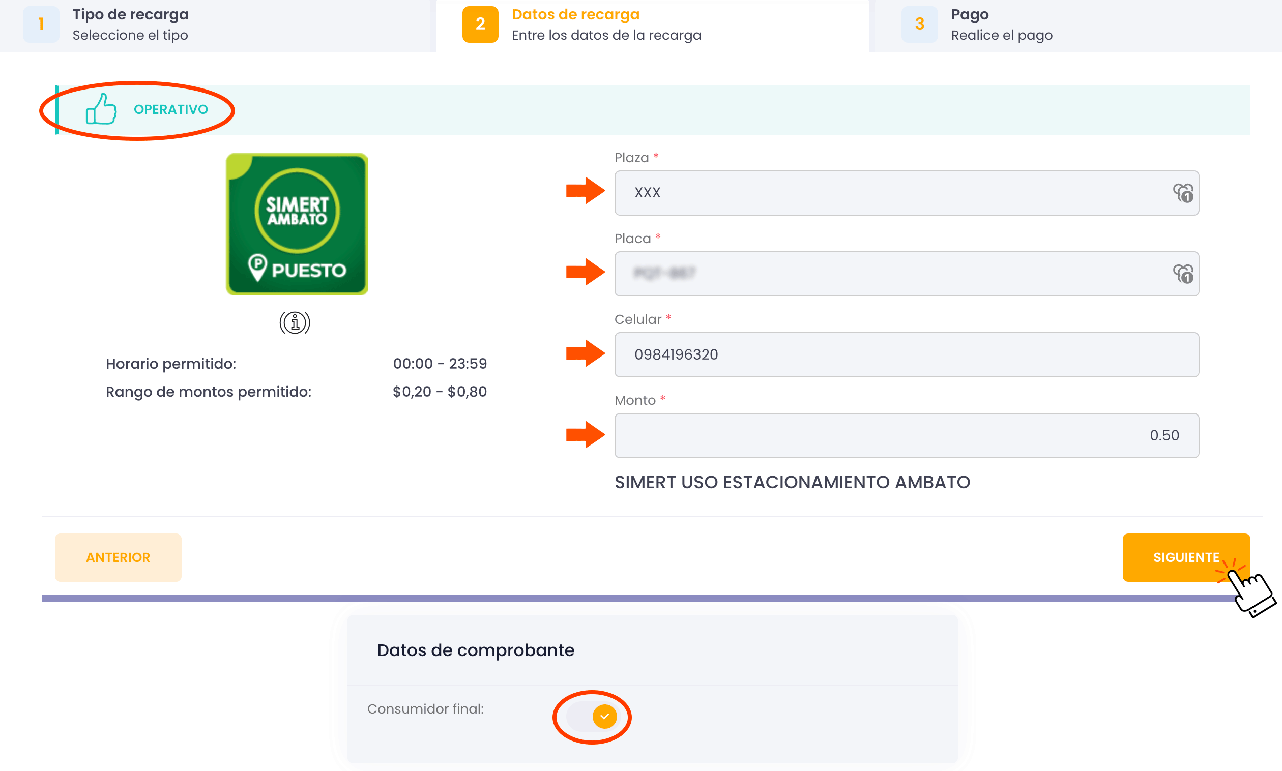 Completa los datos para recargar puesto SIMERT Ambato