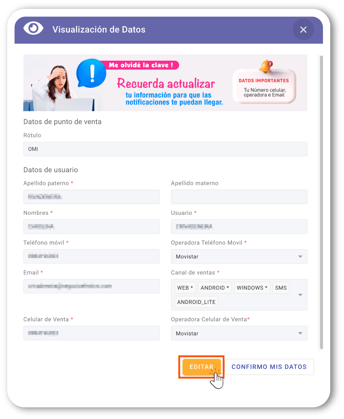 Cambio de información para actualización de datos