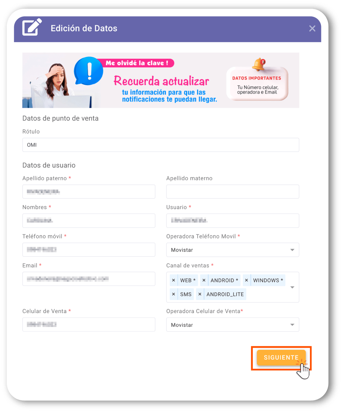 Confirmar la actualización de datos